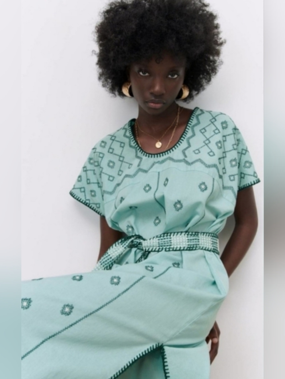 NWT Zara Mint Green Embroidered  Patterned Tunic Dress